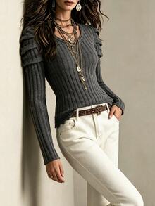 Breezaya Sweater Pullover Lengan Panjang Slim Fit Berkerut Bahu Bergaris Elegan Musim Gugur/Dingin untuk Wanita - Grey - View 4