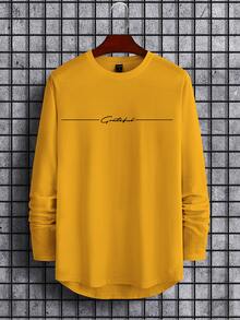 Manfinity Homme Men Round Neck Long Sleeve Letter Print Casual Tops Tee, Fall - Yellow - View 3