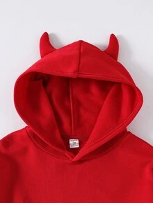 SHEIN 青少年男孩休閒舒適百搭 3D 牛角裝飾連帽衛衣 秋季 - 紅色 - 查看 5