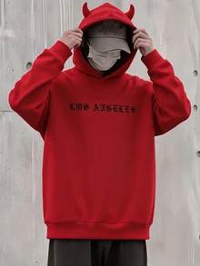 SHEIN 青少年男孩休閒舒適百搭 3D 牛角裝飾連帽衛衣 秋季 - 紅色 - 查看 6