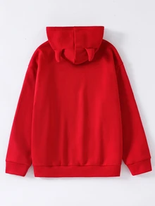 SHEIN 青少年男孩休閒舒適百搭 3D 牛角裝飾連帽衛衣 秋季 - 紅色 - 查看 2