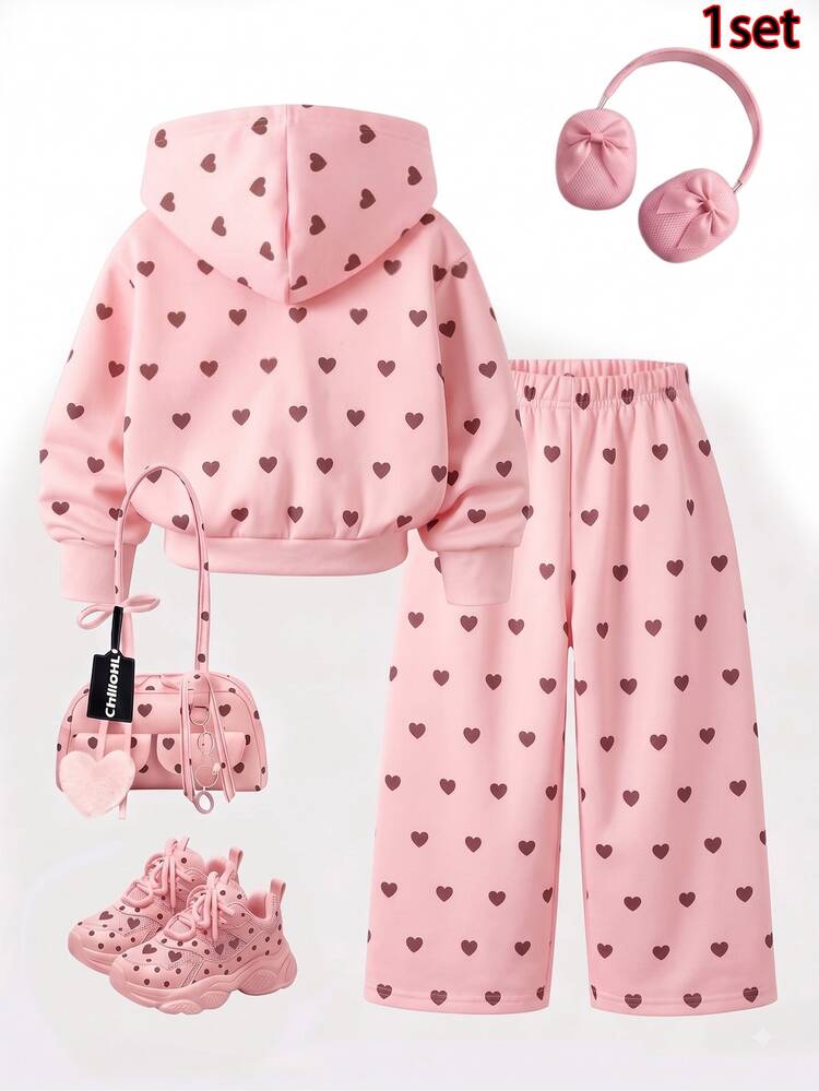 1 Set Baby Girls Pink Heart Print Zipper Hoodie And Wide Leg Pants, Suitable For Autumn/Winter - Multicolor - View 2