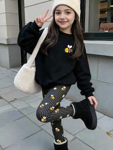 SHEIN 2件組女童黑色蜜蜂圖案運動衫與條紋內搭褲套裝，適合學校與外出穿著，秋冬款 - 彩色 - 查看 1