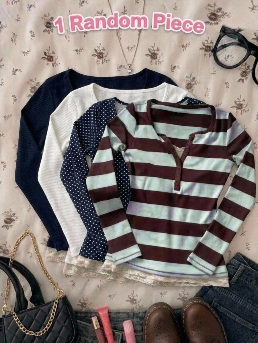 Teen Girls T-Shirts Brown Blue Striped Long Sleeve Early Spring Halloween Christmas Party Ball Formal Fashion Casual Cute Button Design - Multicolor - View 1