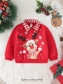 Cozy Pixies Kids Baby Boy Casual Daily Comfortable Patchwork Plaid Collar Pullover Long Sleeve Knit Sweatshirt, Casual Minimalist Fashion Warm Comfortable Classic Christmas, Cute Style, Christmas Deer, Christmas Pattern Loose Round Neck Comfortable Knit Soft Pullover Casual Sweatshirt - Red - View 7