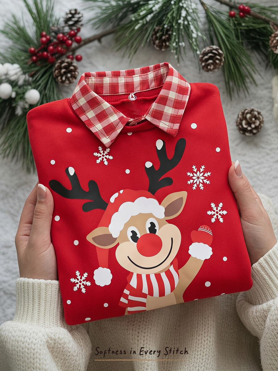 Cozy Pixies Kids Baby Boy Casual Daily Comfortable Patchwork Plaid Collar Pullover Long Sleeve Knit Sweatshirt, Casual Minimalist Fashion Warm Comfortable Classic Christmas, Cute Style, Christmas Deer, Christmas Pattern Loose Round Neck Comfortable Knit Soft Pullover Casual Sweatshirt - Red - View 1