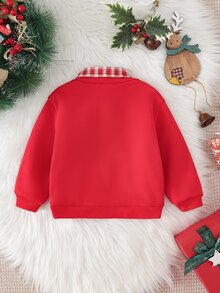 Cozy Pixies Kids Baby Boy Casual Daily Comfortable Patchwork Plaid Collar Pullover Long Sleeve Knit Sweatshirt, Casual Minimalist Fashion Warm Comfortable Classic Christmas, Cute Style, Christmas Deer, Christmas Pattern Loose Round Neck Comfortable Knit Soft Pullover Casual Sweatshirt - Red - View 2