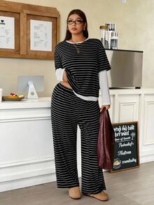 Muchica Set Kaos dan Celana Berlapis Garis-garis Hitam Putih Ukuran Besar, Kasual Tradisional Musim Gugur Musim Dingin, Cocok untuk Acara Santai, Formal, dan Ulang Tahun. - Hitam dan Putih - View 8