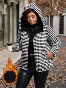 SHEIN Clasi 大尺碼女款格紋休閒時尚百搭冬季連帽填充外套 外出夜店穿搭 黑色 - 黑與白 - 查看 3