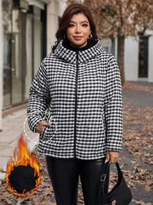 SHEIN Clasi 大尺碼女款格紋休閒時尚百搭冬季連帽填充外套 外出夜店穿搭 黑色 - 黑與白 - 查看 5