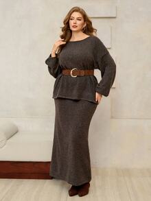 Roveilla Autumn/Winter Premium Slouchy Brown Back Button Decor Sweater Skirt - Coffee Brown - View 1