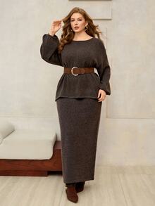 Roveilla Autumn/Winter Premium Slouchy Brown Back Button Decor Sweater Skirt - Coffee Brown - View 5