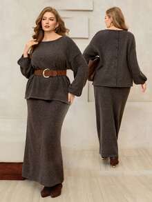 Roveilla Autumn/Winter Premium Slouchy Brown Back Button Decor Sweater Skirt - Coffee Brown - View 6
