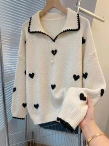 SHEIN CURVE+ Plus size långärmad mode-tröja med snäckbrodyr och kontrasterande färger - Beige - Visa 4