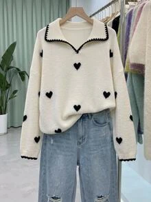 SHEIN CURVE+ Plus size långärmad mode-tröja med snäckbrodyr och kontrasterande färger - Beige - Visa 3
