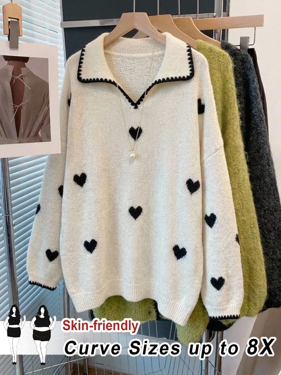 SHEIN CURVE+ Plus size långärmad mode-tröja med snäckbrodyr och kontrasterande färger - Beige - Visa 1