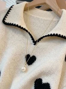 SHEIN CURVE+ Plus size långärmad mode-tröja med snäckbrodyr och kontrasterande färger - Beige - Visa 6