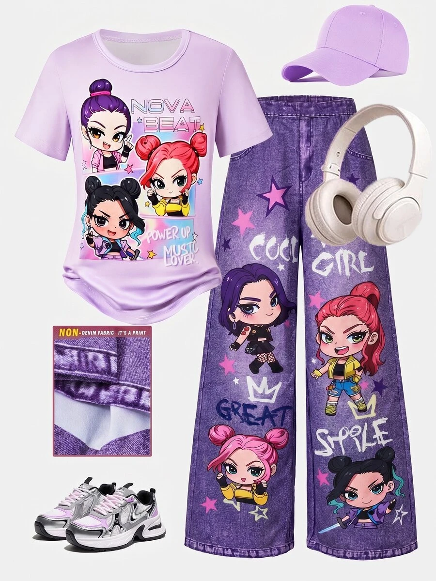 SHEIN Girl Group Style Tween Girl Outfit, Light Purple Short Sleeve Top With All-Over Sweet Cool Girl Print, Holiday School Student Summer Y2k 80s Lavender - Multicolor - View 1