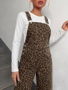 SHEIN Teen Girls Leopard Print Denim Loose Overalls - Multicolor - View 4