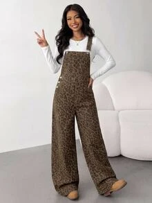 SHEIN Teen Girls Leopard Print Denim Loose Overalls - Multicolor - View 3