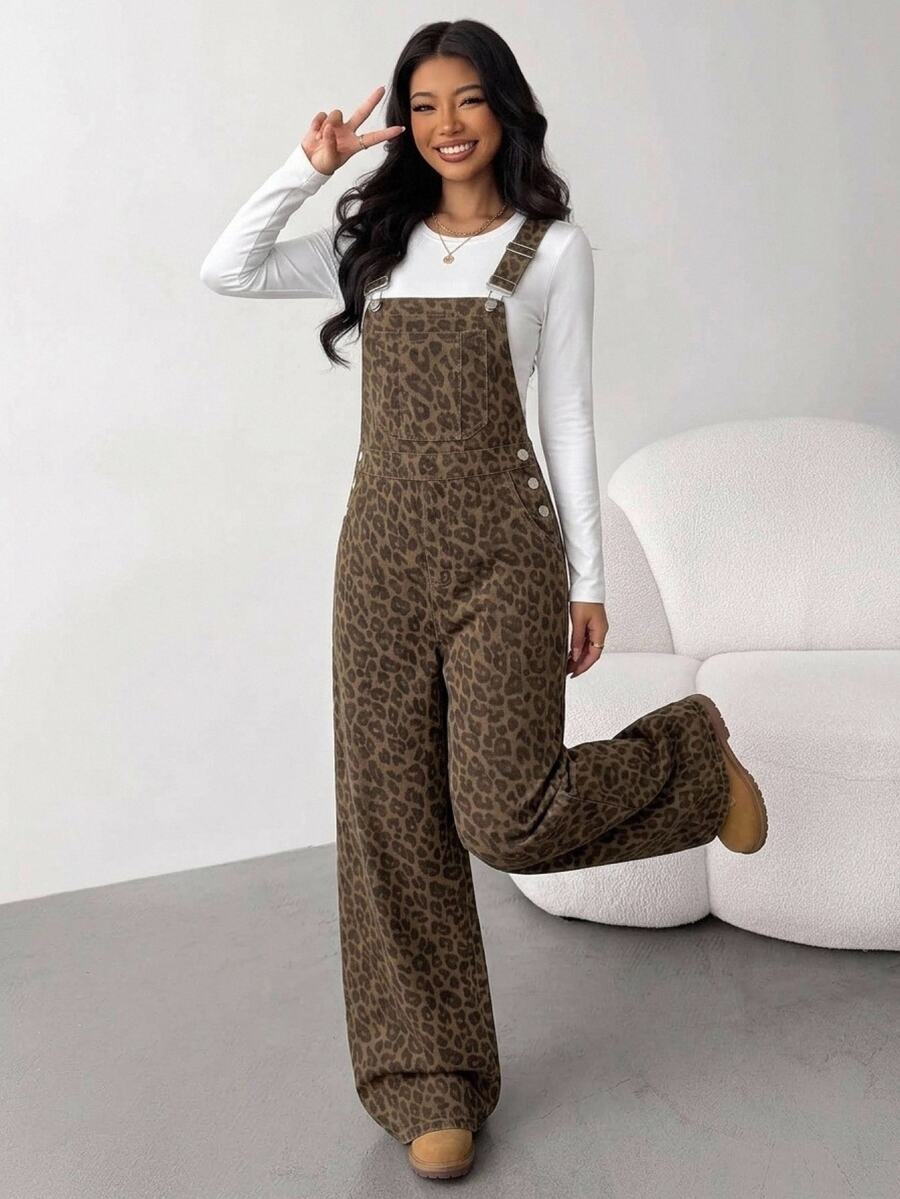 SHEIN Teen Girls Leopard Print Denim Loose Overalls - Multicolor - View 1