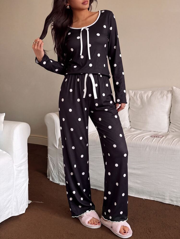 Dream Adore Women's Polka Dot Print Long Sleeve Long Pants Casual Pajama Set - Black - View 4