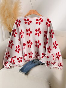 CosyJoli Sweater Pullover Longgar Lengan Panjang Kerah Bulat Model Batwing Motif Cetak Seluruh Permukaan untuk Wanita Ukuran Plus Musim Dingin - MultiWarna - View 3