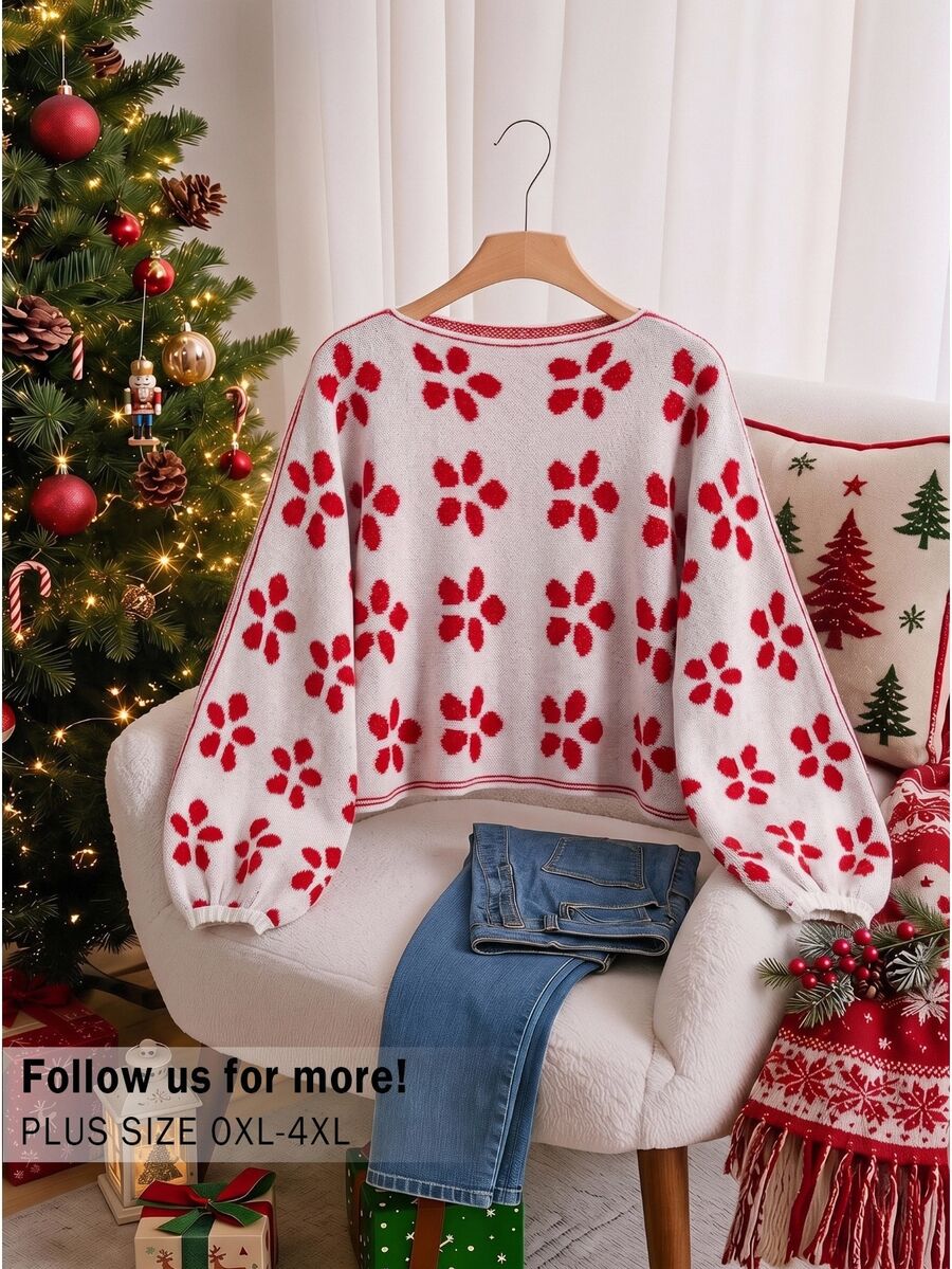 CosyJoli Sweater Pullover Longgar Lengan Panjang Kerah Bulat Model Batwing Motif Cetak Seluruh Permukaan untuk Wanita Ukuran Plus Musim Dingin