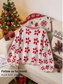 CosyJoli Sweater Pullover Longgar Lengan Panjang Kerah Bulat Model Batwing Motif Cetak Seluruh Permukaan untuk Wanita Ukuran Plus Musim Dingin - MultiWarna - View 4