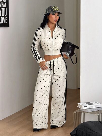 Coolane Conjunto de 2 piezas para mujer de otoño, casual, elegante, para salir y viajar, sudadera oversize con cuello alto y cremallera, pantalones de chándal de pierna ancha, a lunares blancos y negros