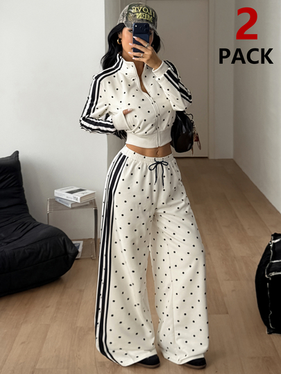 Coolane Women's Autumn Casual Streetwear Elegant Going Out Travel White And Black Polka Dot Oversized Mock Neck Zip-Up Sweatshirt Wide Leg Sweatpants Set 2pcs