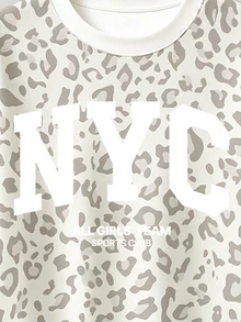 (1套)少女秋冬休閒時尚 NYC 灰色豹紋與白色條紋圓領衛衣搭配寬腿褲 - 彩色 - 查看 6