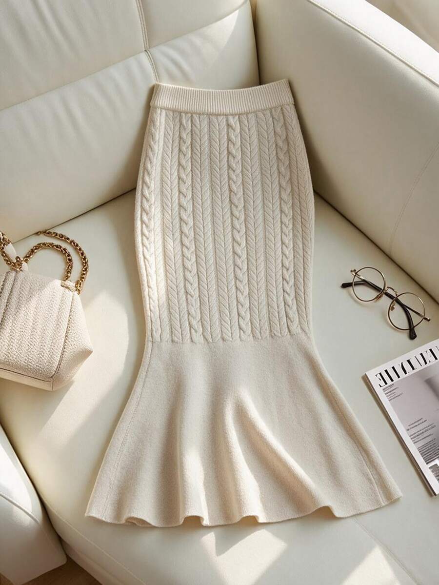 SHEIN Women's Elegant Mermaid Twist Knit Midi Skirt - Beige - View 1