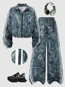 SHEIN 2件組女款黃色針織拼接飾邊拉鍊立領寬鬆夾克與配套寬鬆修飾長褲，適合春秋冬季度假穿著 - 軍綠色 - 查看 8