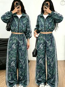SHEIN 2件組女款黃色針織拼接飾邊拉鍊立領寬鬆夾克與配套寬鬆修飾長褲，適合春秋冬季度假穿著 - 軍綠色 - 查看 4