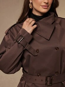Silquee 高品質女款棕色風衣－可轉換領口（翻領或立領款式）與繫腰設計－適合秋冬穿著 - 棕色 - 查看 11