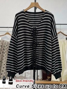 SHEIN CURVE+ 大尺碼女款休閒可愛優雅條紋前綁帶寬鬆開襟衫，秋冬款，2026 22W 正式度假晚宴黑白配色 - 黑與白 - 查看 4