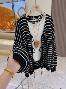 SHEIN CURVE+ 大尺碼女款休閒可愛優雅條紋前綁帶寬鬆開襟衫，秋冬款，2026 22W 正式度假晚宴黑白配色 - 黑與白 - 查看 8