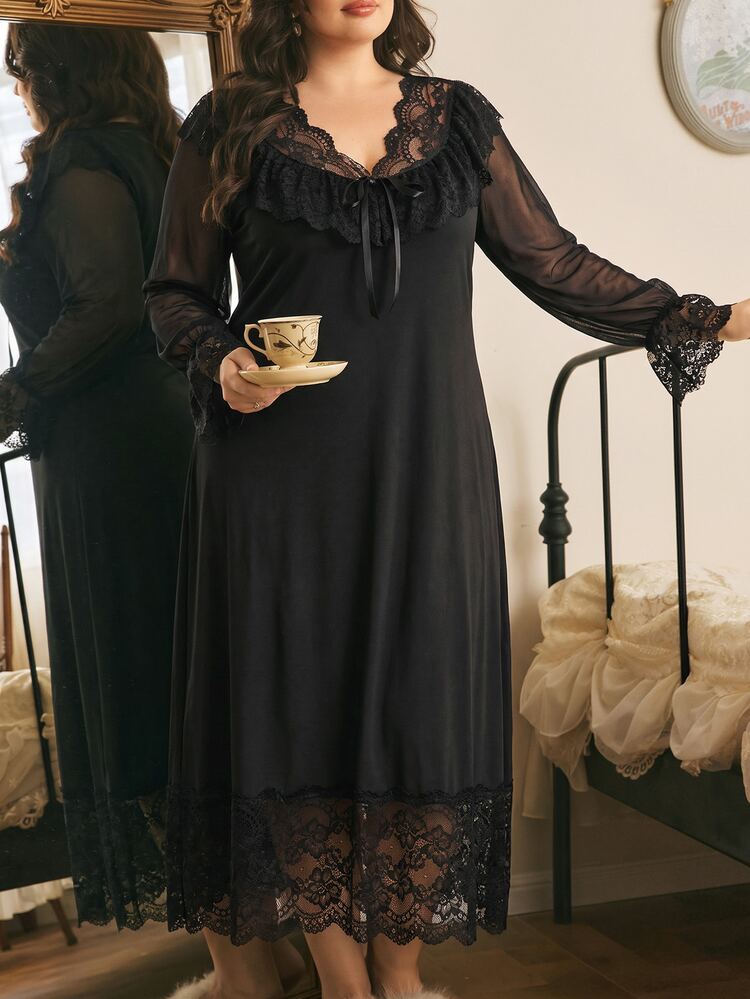 Côtesoire Plus Size Women Solid Color Casual Loungewear Nightgown - Black - View 3