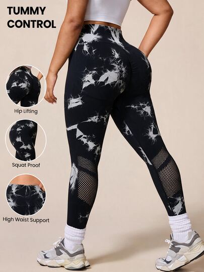 Easithlete 1pc Women's Black Tie-Dye Mesh Leggings For Yoga, Running, Cycling, Fitness, Outdoor, Casual Wear