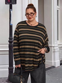 SHEIN CURVE+ Plus Size Fall /Winter Casual Colorblock Striped Drop Shoulder Side Slit Tee Holiday - Multicolor - View 4
