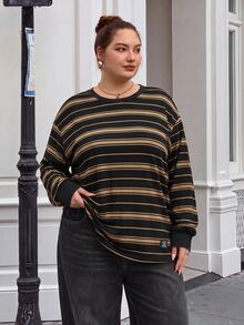 SHEIN CURVE+ Plus Size Fall /Winter Casual Colorblock Striped Drop Shoulder Side Slit Tee Holiday - Multicolor - View 7