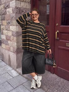 SHEIN CURVE+ Plus Size Fall /Winter Casual Colorblock Striped Drop Shoulder Side Slit Tee Holiday - Multicolor - View 3