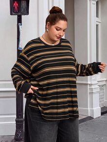 SHEIN CURVE+ Plus Size Fall /Winter Casual Colorblock Striped Drop Shoulder Side Slit Tee Holiday - Multicolor - View 6