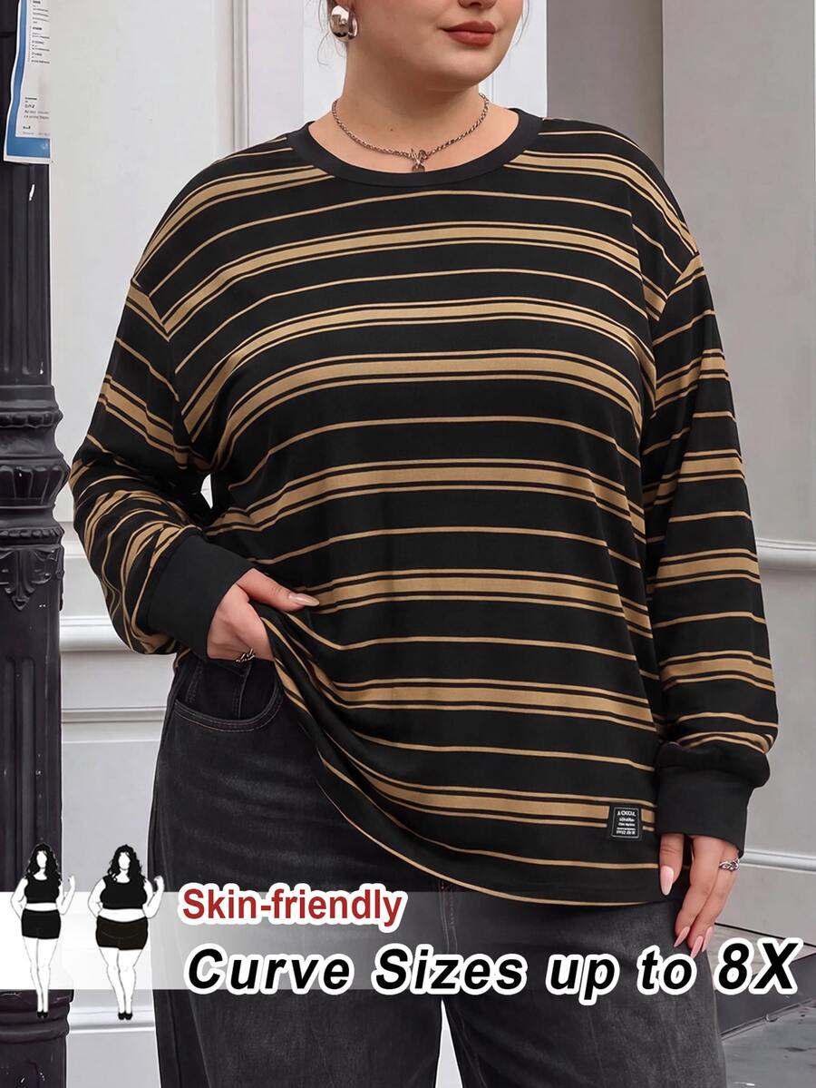 SHEIN CURVE+ Plus Size Fall /Winter Casual Colorblock Striped Drop Shoulder Side Slit Tee Holiday - Multicolor - View 1