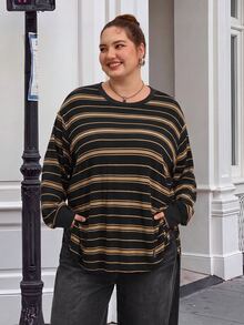 SHEIN CURVE+ Plus Size Fall /Winter Casual Colorblock Striped Drop Shoulder Side Slit Tee Holiday - Multicolor - View 5
