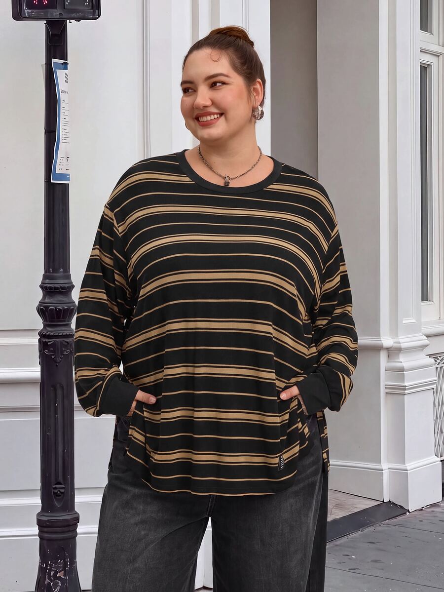 SHEIN CURVE+ Plus Size Fall /Winter Casual Colorblock Striped Drop Shoulder Side Slit Tee Holiday - Multicolor - View 1