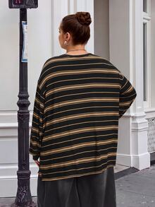 SHEIN CURVE+ Plus Size Fall /Winter Casual Colorblock Striped Drop Shoulder Side Slit Tee Holiday - Multicolor - View 2
