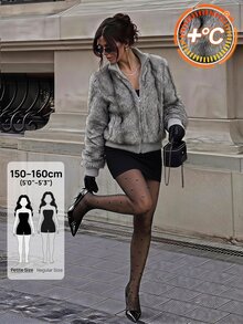 SHEIN PETITE Mantel Bulu Imitasi Abu-abu Muda yang Elegan untuk Wanita Bertubuh Mungil - Sempurna untuk Bepergian. - Light Grey - View 1