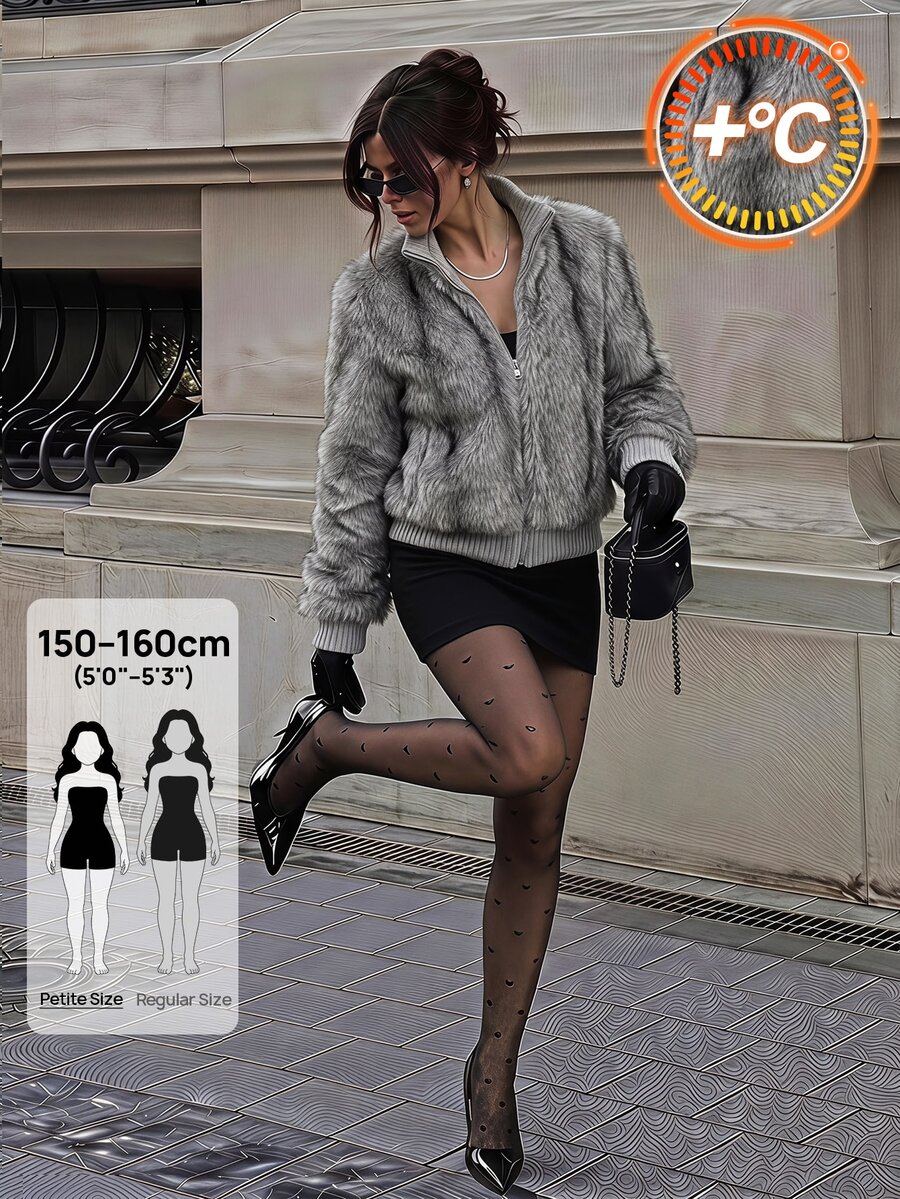 SHEIN PETITE Mantel Bulu Imitasi Abu-abu Muda yang Elegan untuk Wanita Bertubuh Mungil - Sempurna untuk Bepergian. - Light Grey - View 1